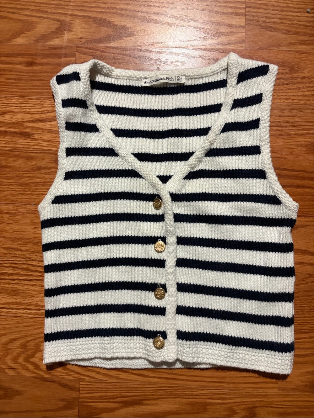 Abercrombie & Fitch Navy and White Striped Knit Button Vest